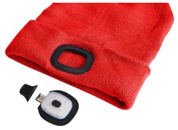 Sapka fejlámpával 180 lm, újratölthető, USB, univerzális méret, pamut/PE, piros