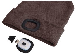 Sapka fejlámpával 180 lm, tölthető, USB, univerzális méret, pamut/PE, barna