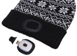 Fejlámpás sapka 180 lm, tölthető, USB, univerzális méret, pamut/PE, téli fekete