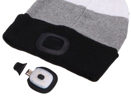 Fejlámpás sapka 180 lm, tölthető, USB, univerzális méret, pamut/PE, fekete/szürke/fehér