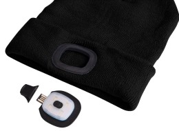 Fejlámpás sapka 180 lm, tölthető, USB, univerzális méret, pamut/PE, fekete bojt