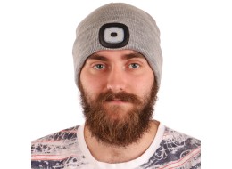 Sapka fejlámpával 180 lm, újratölthető, USB, univerzális méret, pamut/PE, világosszürke