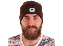 Sapka fejlámpával 180 lm, tölthető, USB, univerzális méret, pamut/PE, barna
