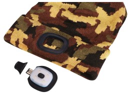 Sapka fejlámpával 180 lm, tölthető, USB, univerzális méret, pamut/PE, terepszínű