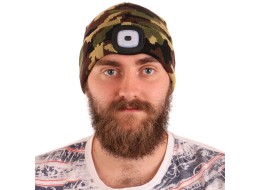 Sapka fejlámpával 180 lm, tölthető, USB, univerzális méret, pamut/PE, terepszínű