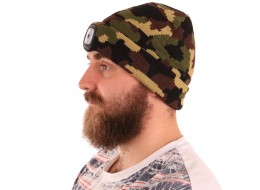 Sapka fejlámpával 180 lm, tölthető, USB, univerzális méret, pamut/PE, terepszínű