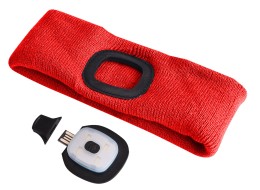 Fejpánt beépített 180 lm-es fejlámpával, tölthető, USB, univerzális méret, pamut/poliészter, piros