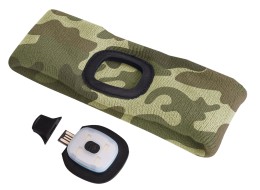 Fejpánt beépített 180 lm-es fejlámpával, tölthető, USB, univerzális méret, pamut/poliészter, terepmi