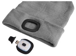 Sapka fejlámpával 180 lm, újratölthető, USB, univerzális méret, pamut/PE, világosszürke
