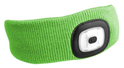 Fejpánt fejlámpával 180 lm, tölthető, USB, univerzális méret, pamut/PE, fluoreszkáló zöld