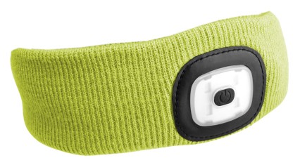 Fejpánt fejlámpával 180 lm, tölthető, USB, univerzális méret, pamut/PE, fluoreszkáló sárga