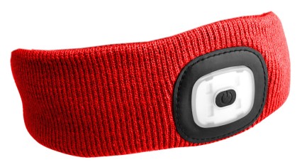 Fejpánt beépített 180 lm-es fejlámpával, tölthető, USB, univerzális méret, pamut/poliészter, piros