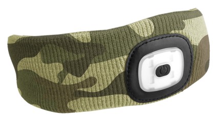 Fejpánt beépített 180 lm-es fejlámpával, tölthető, USB, univerzális méret, pamut/poliészter, terepmi