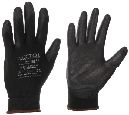 Munkakesztyű poliészterből, részben poliuretánba mártott GLOVE PE-PU 9, fekete, 9-es méret