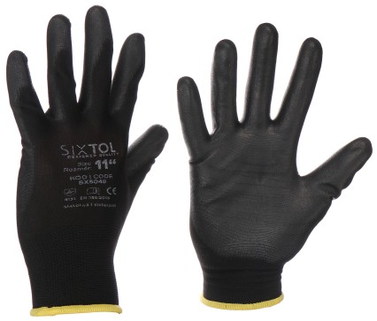 Munkakesztyű poliészterből, poliuretánba félig mártott GLOVE PE-PU 11, fekete, méret 11