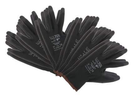 Munkakesztyű poliészterből, poliuretán félig mártott GLOVE PE-PU 9, fekete, 9-es méret, 6 pár