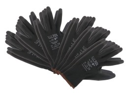 Munkakesztyű poliészterből, poliuretán félig mártott GLOVE PE-PU 9, fekete, 9-es méret, 6 pár