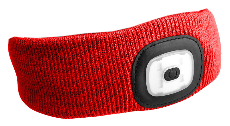 Fejpánt beépített 180 lm-es fejlámpával, tölthető, USB, univerzális méret, pamut/poliészter, piros