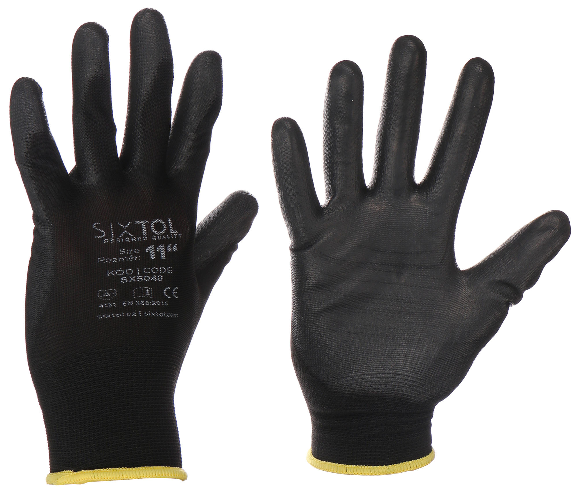 Munkakesztyű poliészterből, poliuretánba félig mártott GLOVE PE-PU 11, fekete, méret 11