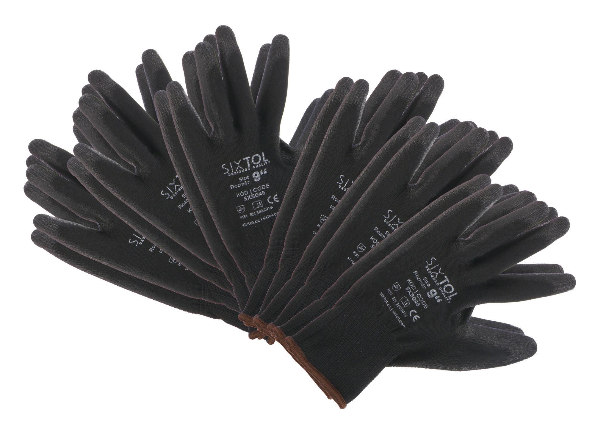 Munkakesztyű poliészterből, poliuretán félig mártott GLOVE PE-PU 9, fekete, 9-es méret, 6 pár