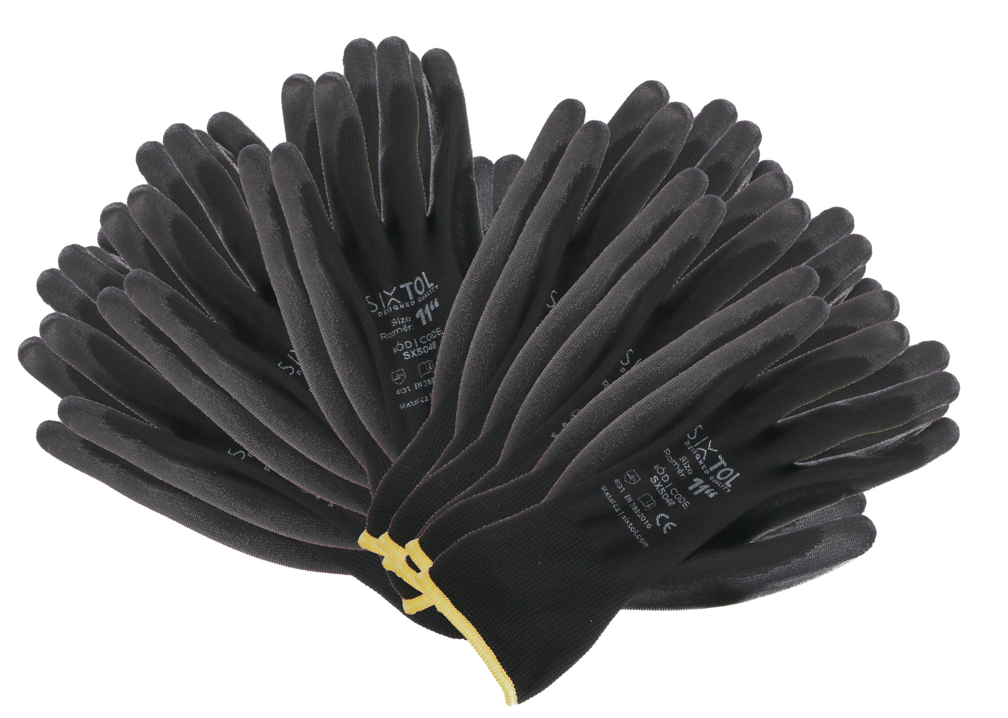 Munkakesztyű poliészterből, félig PU-ba mártott GLOVE PE-PU 11, fekete, méret 11\", 6 pár